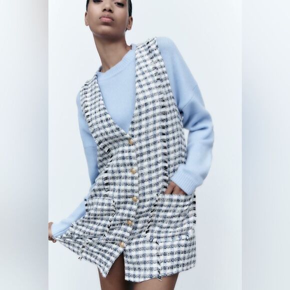 Zara Textured Pinafore Dress Patch Pockets New - Picture 8 of 10